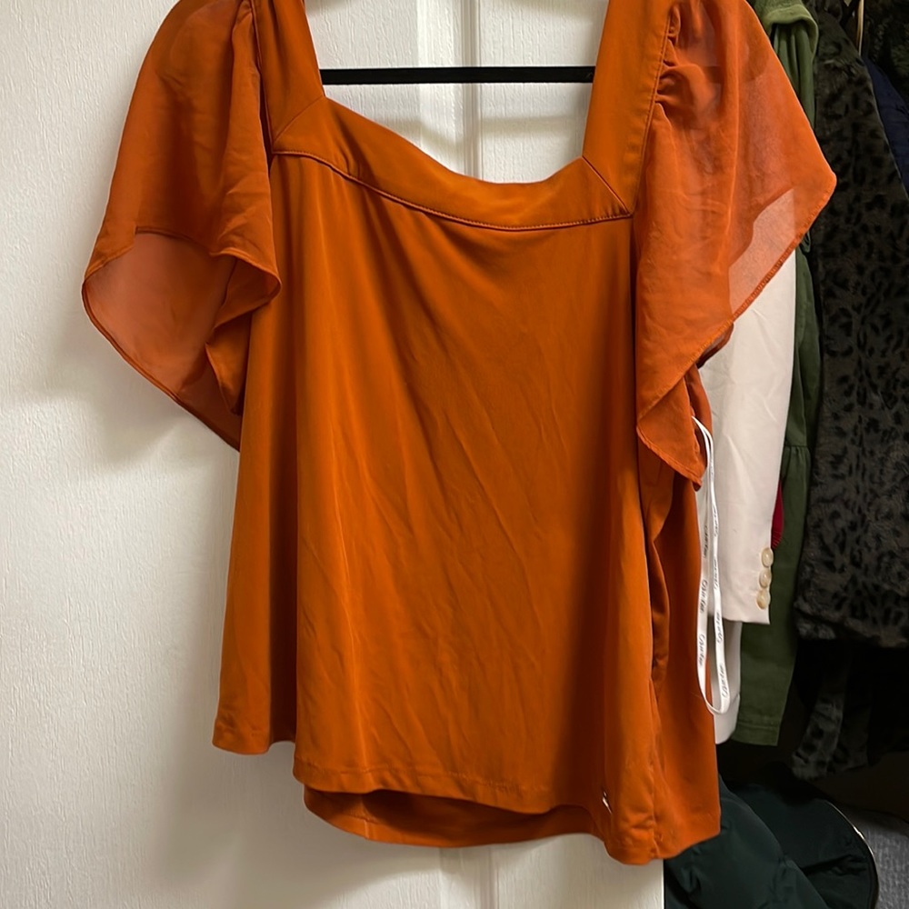Burnt orange top can be off the shoulders also. Never worn. Tags off to wash